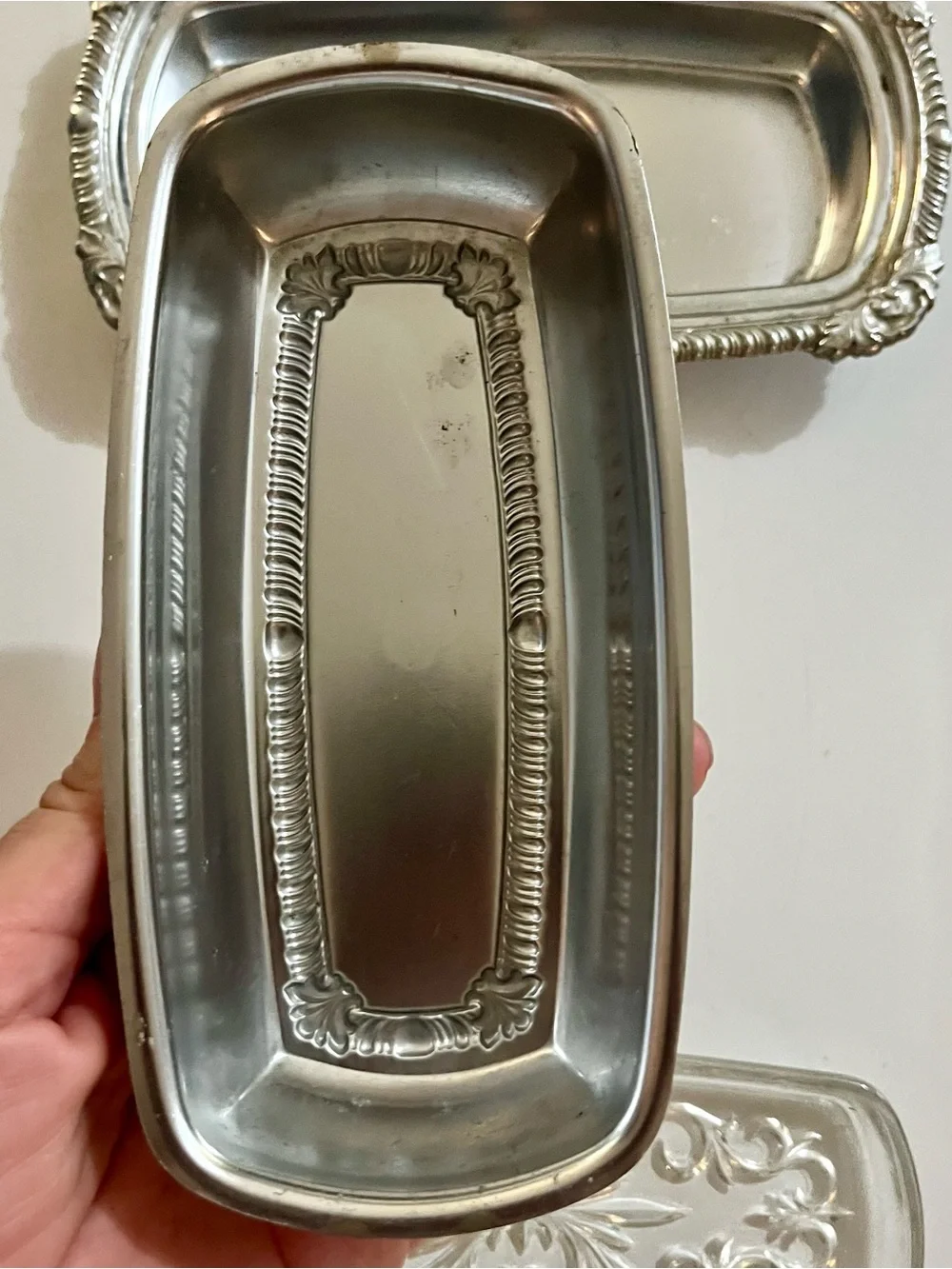 Vintage 3pc Silver Plated Butter Dish with Glass Insert Liner Ornate